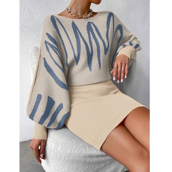 Dirty Beige Knit Long Batwing Sleeve Dress Abstract Print - Picture 5 of 7